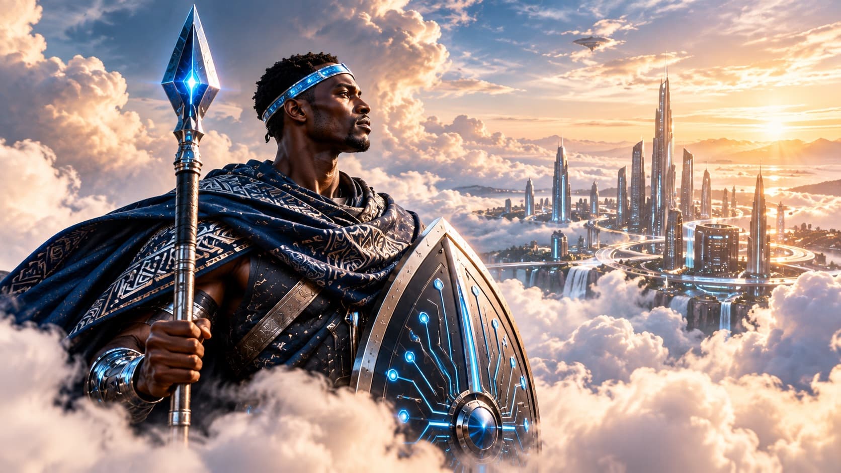 Le Diambar, gardien technologique, lance et bouclier à circuits en main, au-dessus des nuages face à une ville africaine futuriste