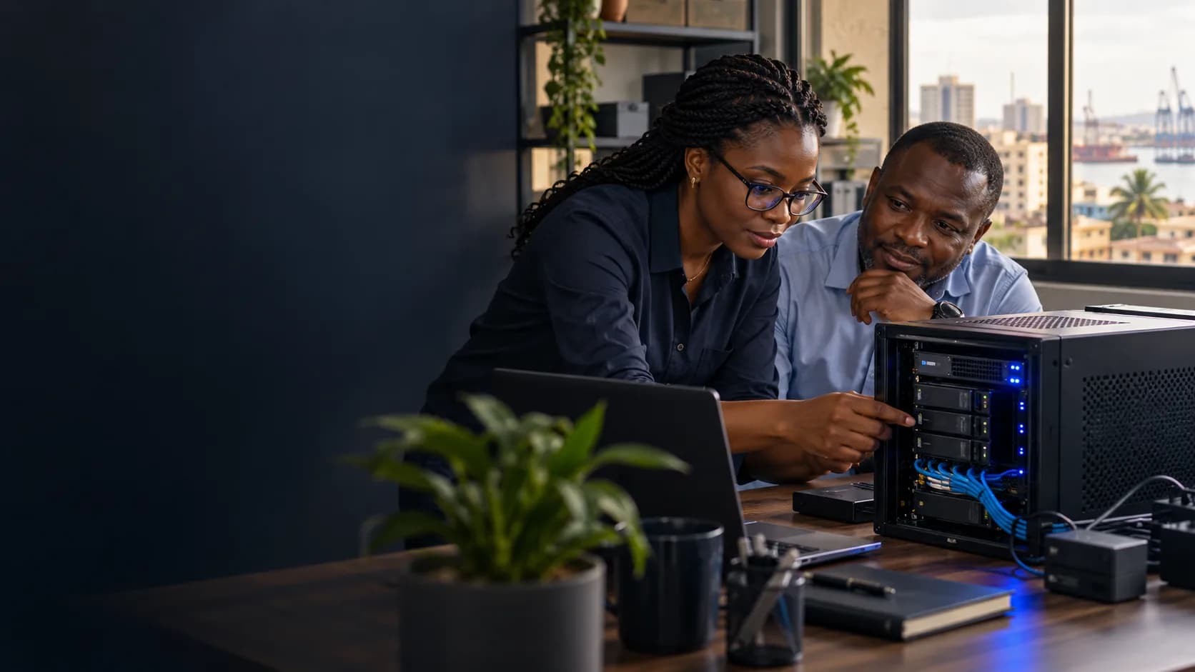 Illustration générée : une technicienne explique un serveur local à un entrepreneur dans son bureau